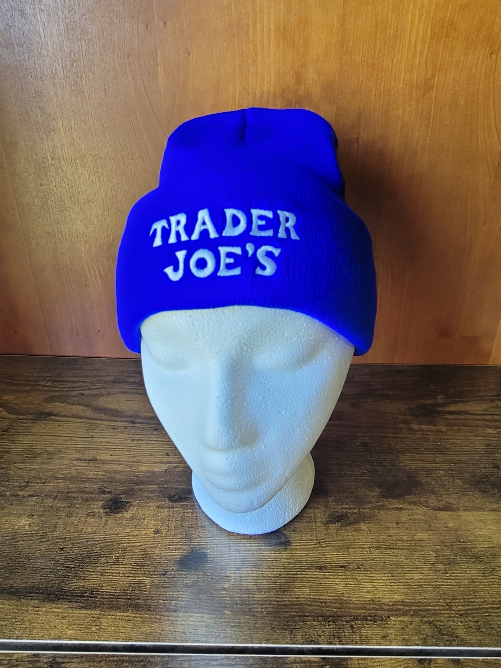 Trader Joe's Royal Blue Knit Beanie Hat with White Embroidered Logo NEW Unisex